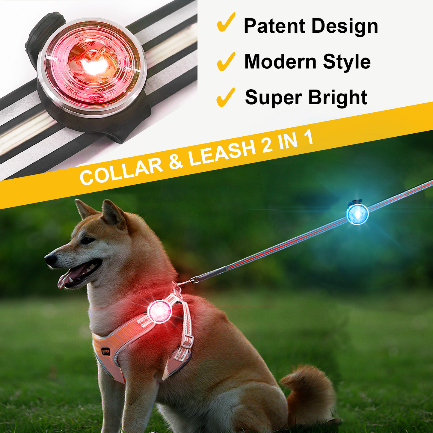 Tubasion 2-Pack Dog Lights for Night Walking, Upgraded 8 Modes Rechargeable Dog Collar Lights for Nighttime Clip On, IPX6 Waterproof and Silicone Band Safety Lights for Dog Collars