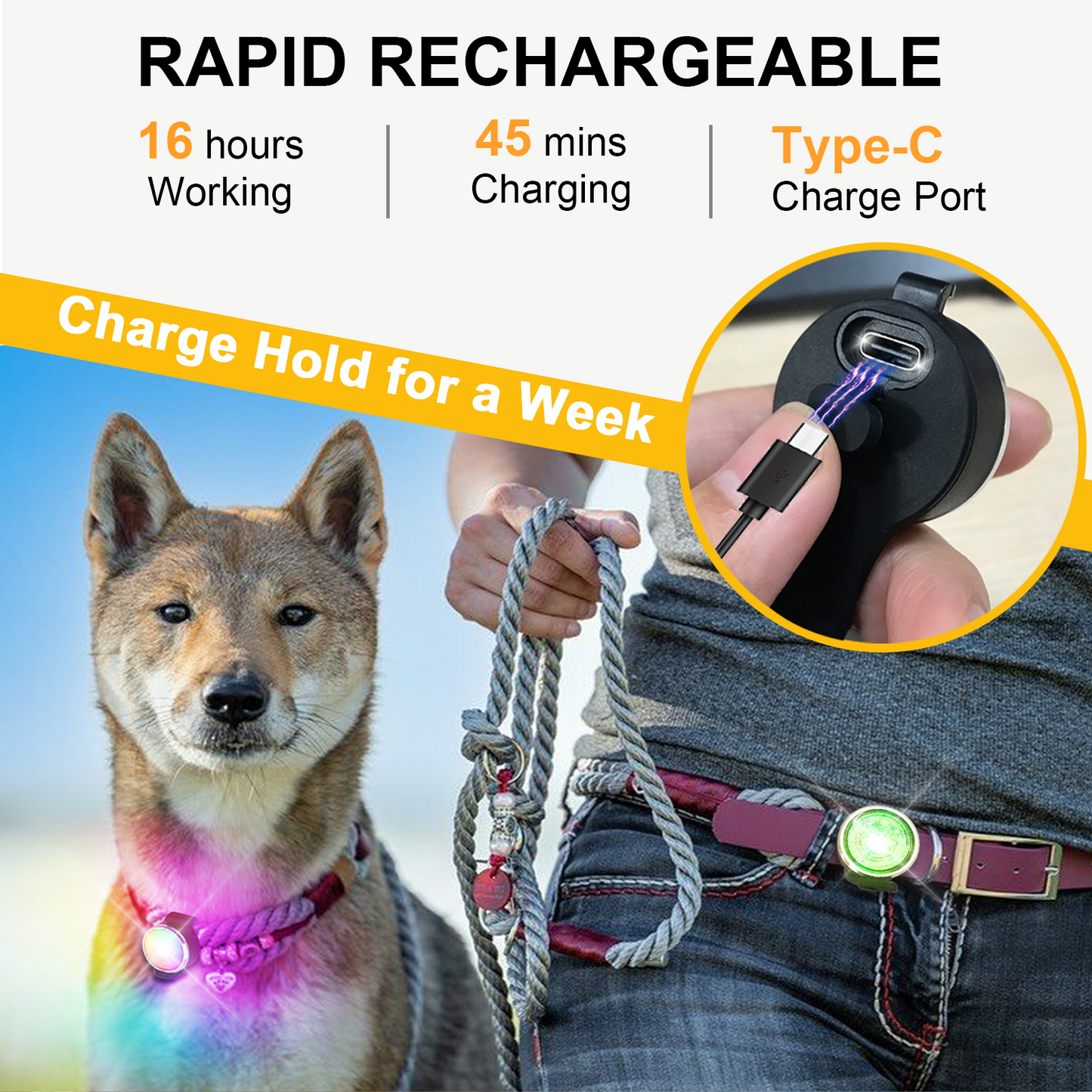 Tubasion 2-Pack Dog Lights for Night Walking, Upgraded 8 Modes Rechargeable Dog Collar Lights for Nighttime Clip On, IPX6 Waterproof and Silicone Band Safety Lights for Dog Collars