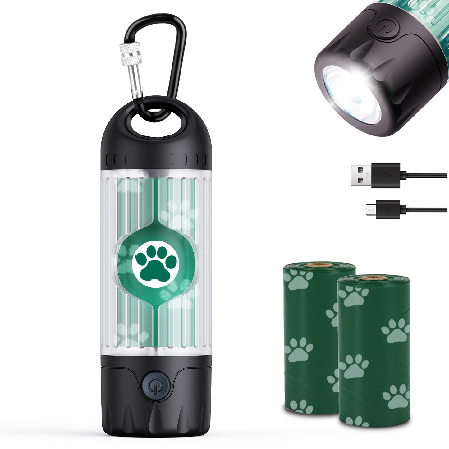 Tubasion 3-in-1 Dog Poop Bag Holder with Flashlight 7-Color, USB-C Rechargeable doggie bag holder for leash, IPX6 Waterproof Anti-Slip Clip Pet Waste Bag Dispenser for Walking (1 Dispenser, 30 Bags)