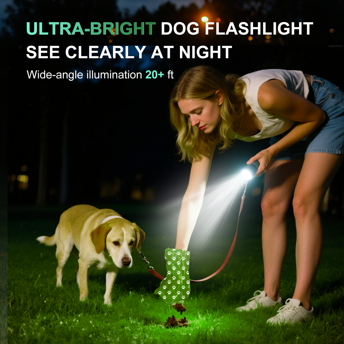 Tubasion 3-in-1 Dog Poop Bag Holder with Flashlight 7-Color, USB-C Rechargeable doggie bag holder for leash, IPX6 Waterproof Anti-Slip Clip Pet Waste Bag Dispenser for Walking (1 Dispenser, 30 Bags)