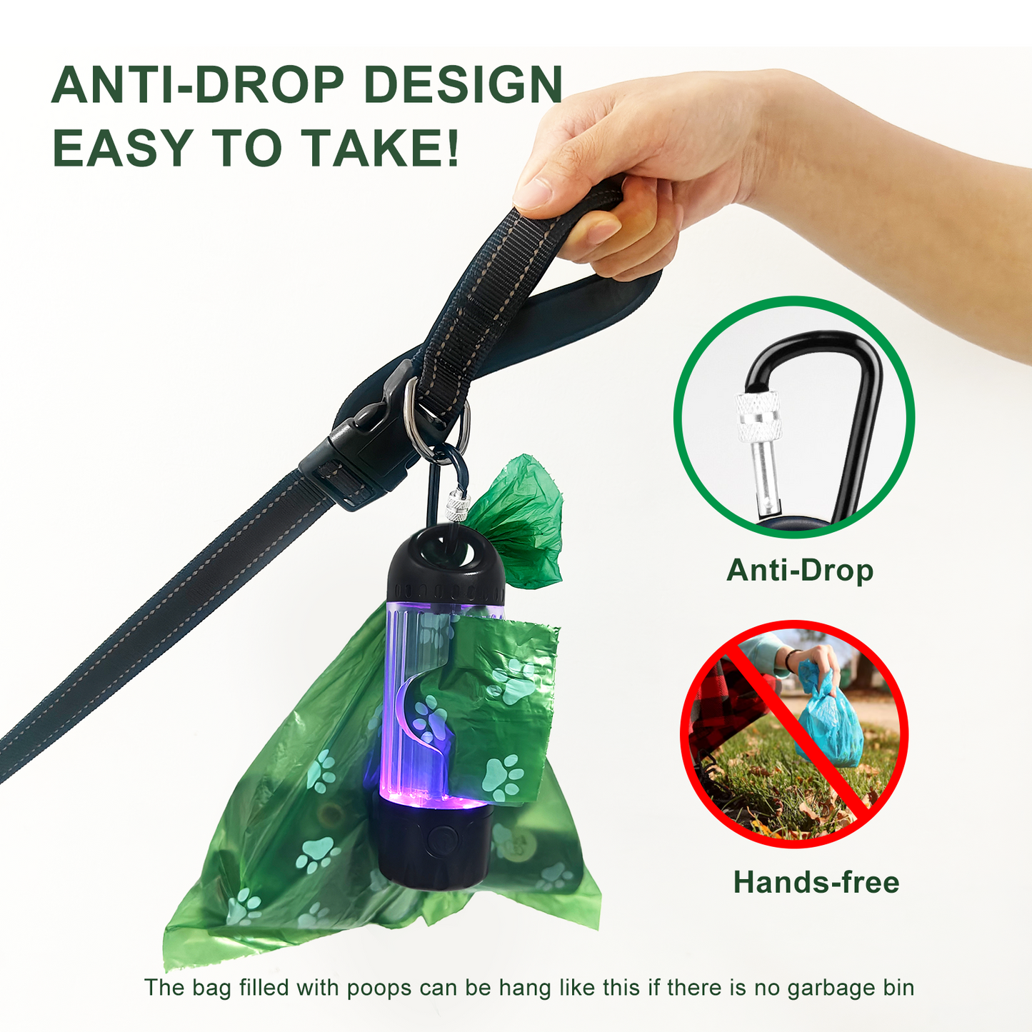 Tubasion 3-in-1 Dog Poop Bag Holder with Flashlight 7-Color, USB-C Rechargeable doggie bag holder for leash, IPX6 Waterproof Anti-Slip Clip Pet Waste Bag Dispenser for Walking (1 Dispenser, 30 Bags)