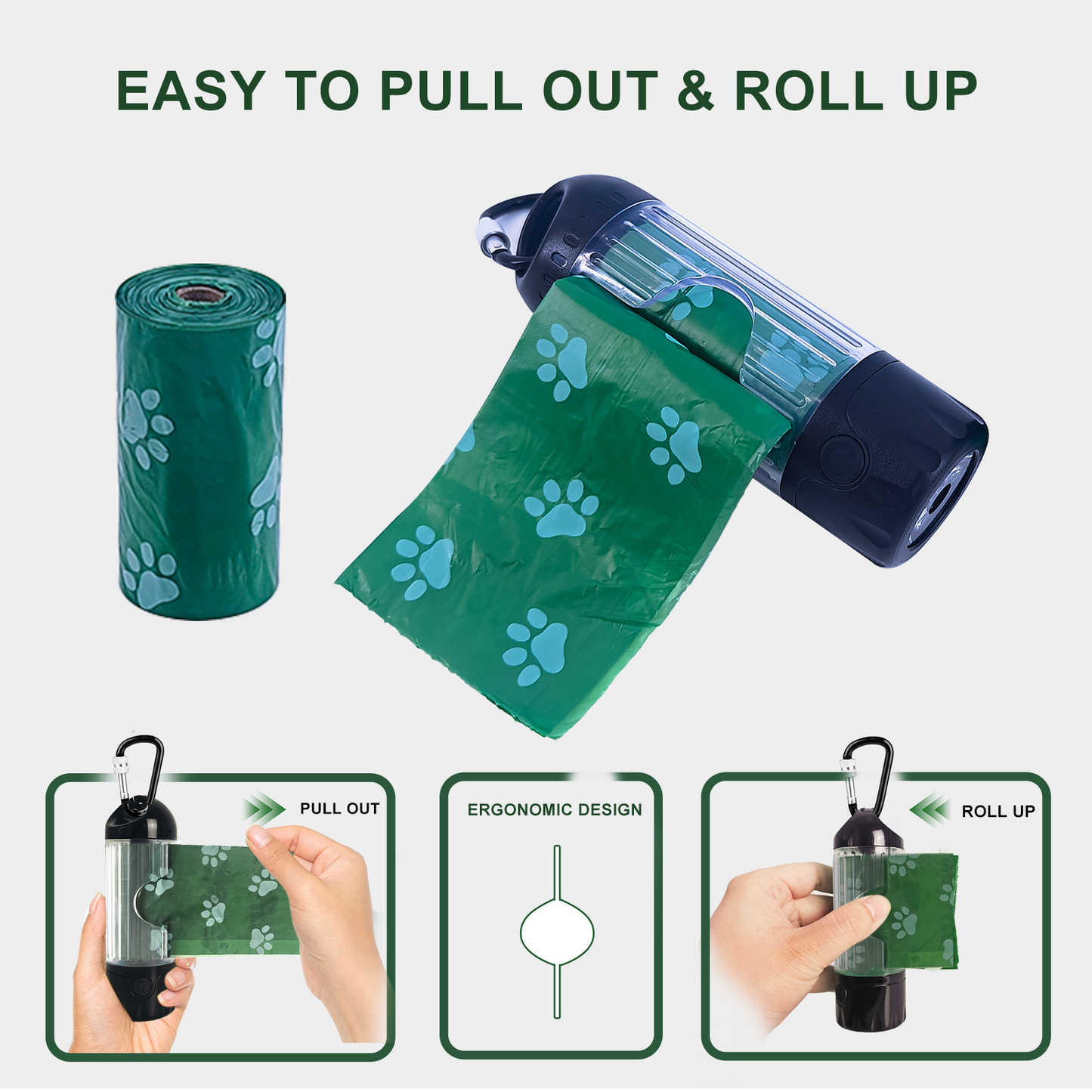 Tubasion 3-in-1 Dog Poop Bag Holder with Flashlight 7-Color, USB-C Rechargeable doggie bag holder for leash, IPX6 Waterproof Anti-Slip Clip Pet Waste Bag Dispenser for Walking (1 Dispenser, 30 Bags)
